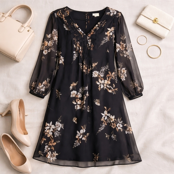 NEW Calvin Klein 24W Black Floral Sheer Sleeve Pintuck Shift Dress - Picture 2 of 7